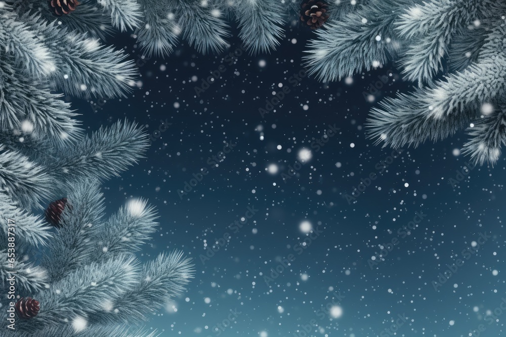 Blue Christmas background with fir branches and falling snow. Space for text. Generative Ai Blue Christmas background with fir branches and falling snow. Space for text. Generative Ai