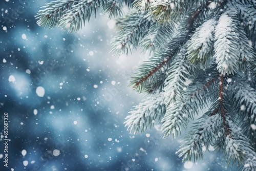 Christmas background with snowy fir tree branches and falling snowflakes. Generative Ai