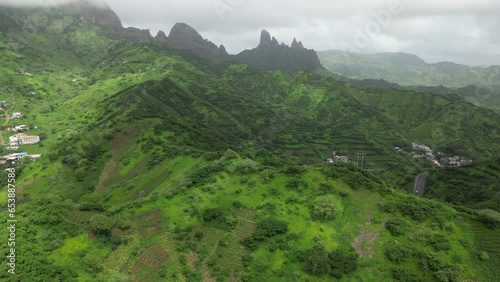 Cape Verde Aerial View. Mountainous Green Santiago Island Landscape. The Republic of Cape Verde is an island country in the Atlantic Ocean. Africa. 