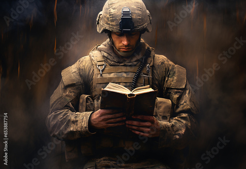 soldado de cristo lendo a biblia , fé e esperança cristã  photo