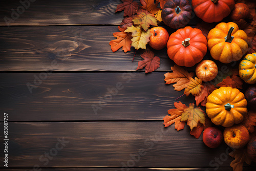 Thanksgiving background  Apples  pumpkins and fallen leaves on wooden background. Copy space for text. Halloween  Thanksgiving day or seasonal background. Design mock up.