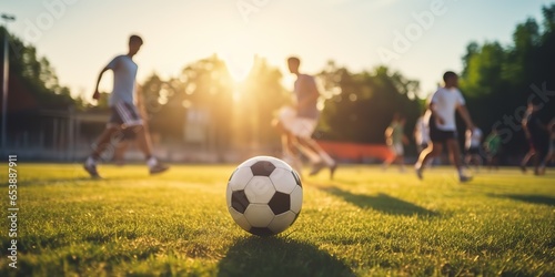 AI Generated. AI Generative. Soccer football game on green field. Active sport fit training background. Game be used like kids game template