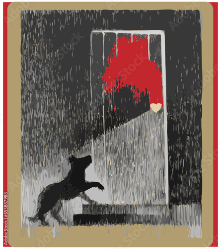 A loyal dog standing in front of the door. It stands with tension, ready to briefly stand on its hind legs if the door opens. Its entire demeanor conveys loyalty 
