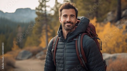 Man wearing backpack standing on autumn forest trail, hiking alone