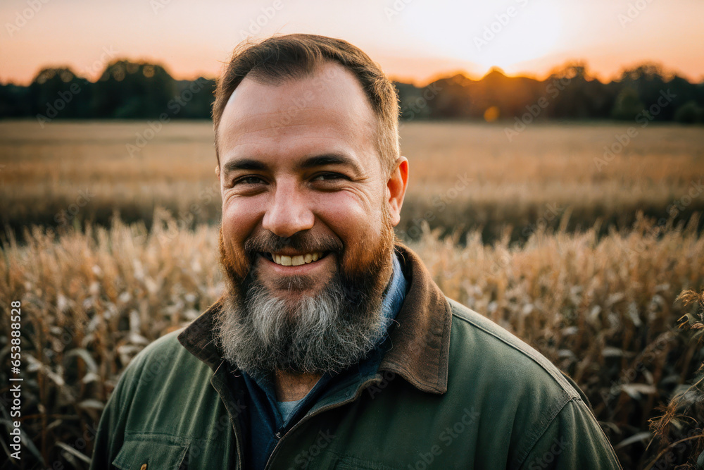 Digital portrait of the confident senior bearded Farmer standing on a farm field at early morning. Concept of ecological environment Digital portrait of the confident senior bearded Farmer standing on a farm field at early morning. Concept of ecological environment