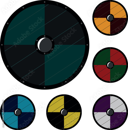 Set of multicolored round shield icons, quarter-painted
