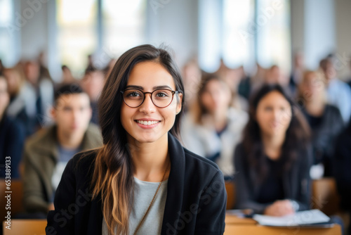 Beautiful brunette student wearing glasses during classes at the university.