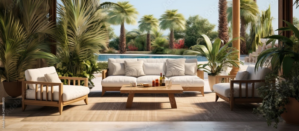 a sunny day on an exotic veranda patio with outdoor furniture shade gazebo and palm trees in the backyard garden - obrazy, fototapety, plakaty 