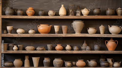 shelves with pottery in a pottery workshop. ai generative