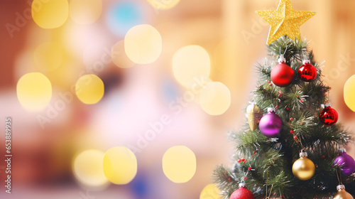 A beautifully decorated Xmas tree with a blurred background..