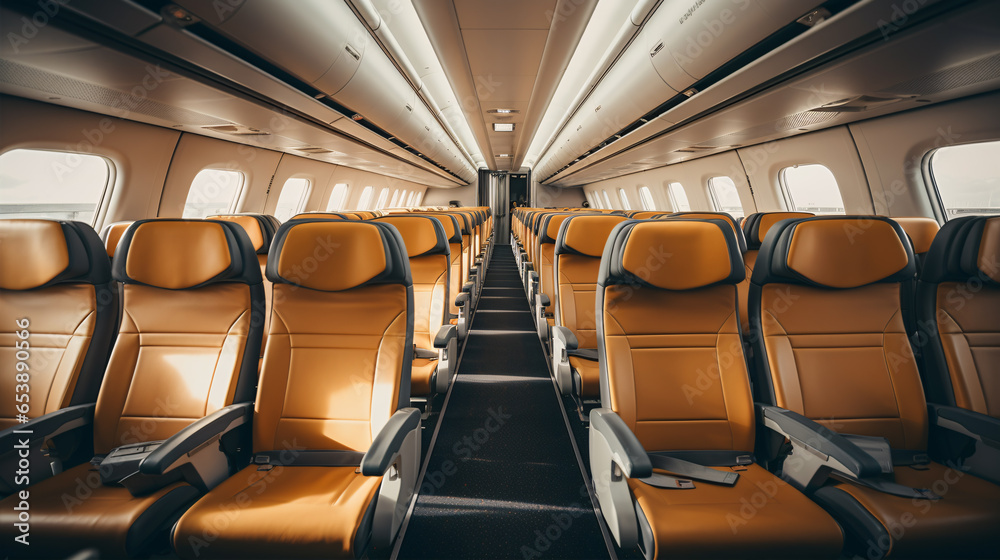 Fototapeta premium An empty cabin in a modern European economy-class train with brown-beige seats..