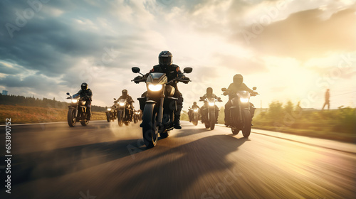 A group of motorcyclists traveling together. A group of bikers riding a high-speed motorcycle on an empty road against a beautiful cloudy sky. ai generative