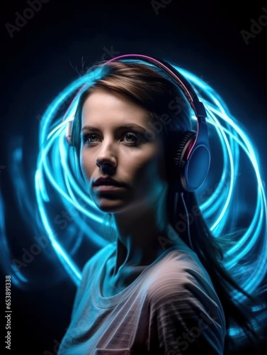 portrait of a woman with headphones, woman listening to music, neon light