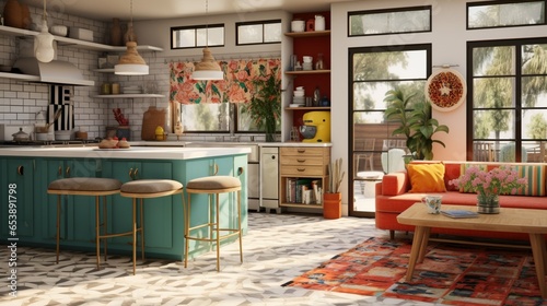 A mid-century modern boho kitchen with eclectic patterns and bold colors