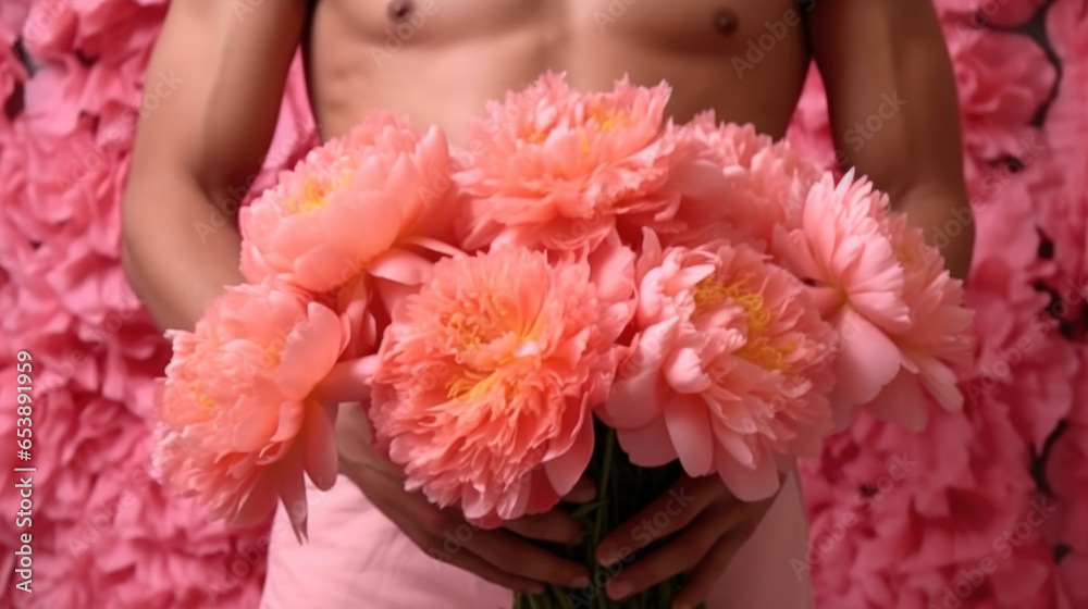A bouquet of pink peonies in the hands of a bare-chested man. women's day concept. Generative Ai