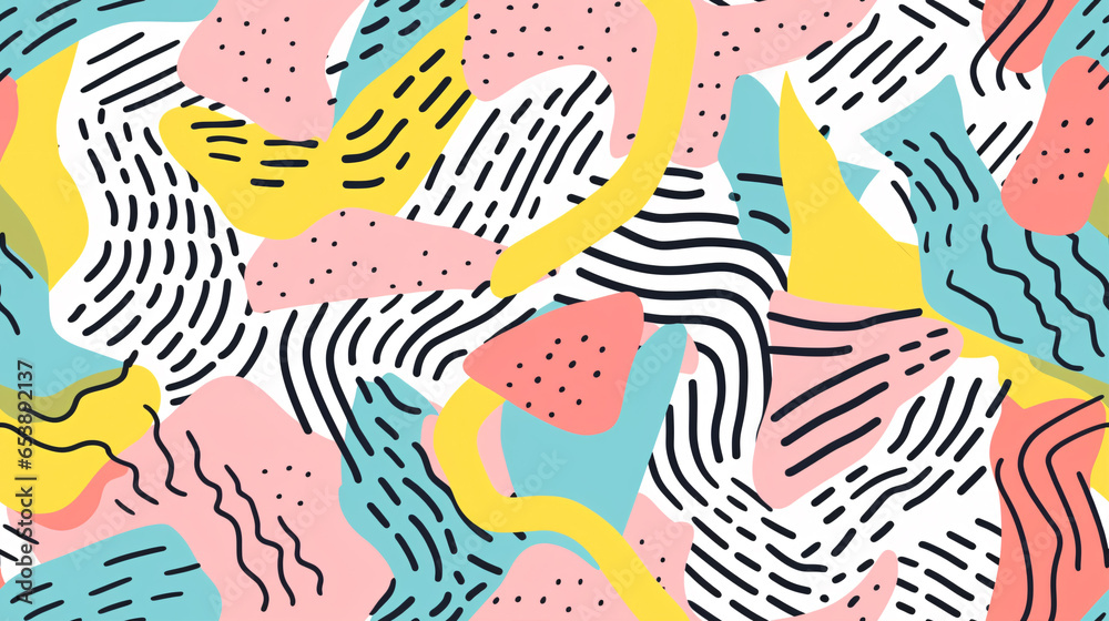 Fototapeta premium A fun and colorful line doodle seamless pattern, ideal for trendy designs with simple shapes, or for children's art backgrounds.