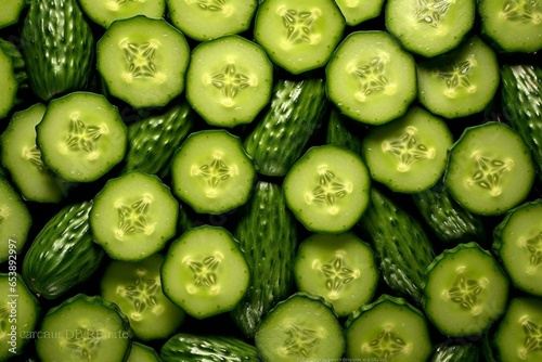Green cucumbers arranged abstractly from a top perspective. Generative AI
