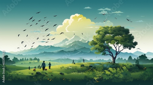 Vibrant Summer Scenery: A Whimsical Cartoon Illustration of Green Meadows, Flower-Filled Fields, and a Colorful Sky, generative AI