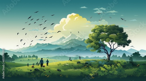 Vibrant Summer Scenery  A Whimsical Cartoon Illustration of Green Meadows  Flower-Filled Fields  and a Colorful Sky  generative AI