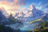 Beautiful drawing of mountain landscape with a blue clouds. Generative AI.