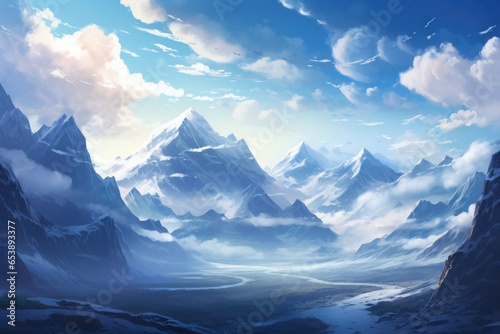 Beautiful drawing of mountain landscape with a blue clouds. Generative AI. © YULIIA