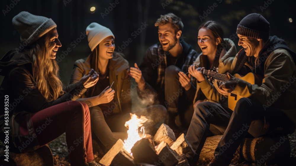 Group of friends plays guitar and relaxing around a campfire outdoors - obrazy, fototapety, plakaty 