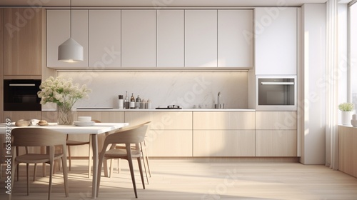 A minimalist Scandinavian kitchen with white cabinetry and light wood accents