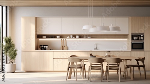 A minimalist Scandinavian kitchen with white cabinets and light wood tones