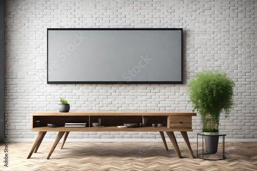 Living room led tv on brick wall with wooden table and plant in empty interior