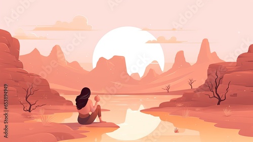  a woman sitting on a rock looking at a river in the desert.  generative ai