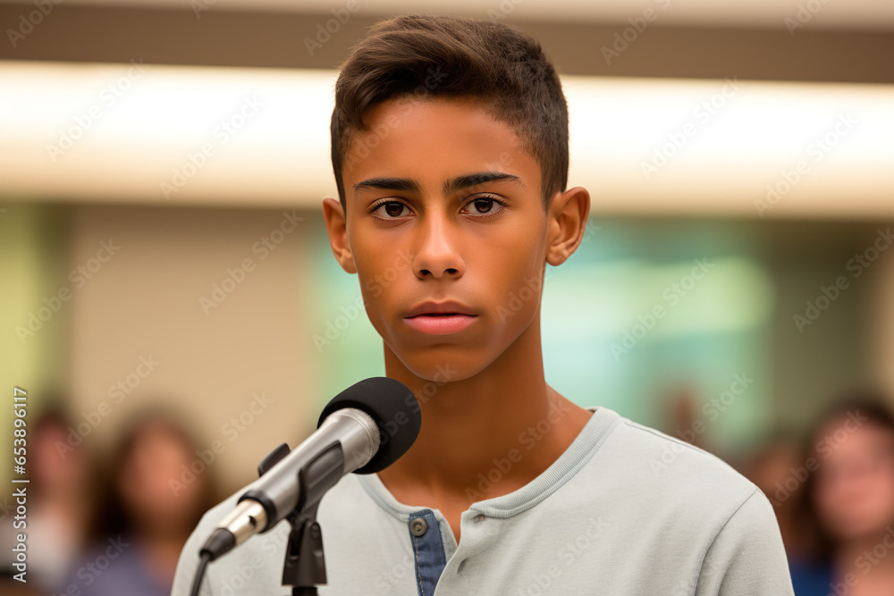 Young Hispanic man speaking into a microphone to a school audience - obrazy, fototapety, plakaty 