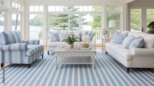 a coastal striped carpet, featuring serene blue and white stripes reminiscent of beachfront homes and seaside getaways