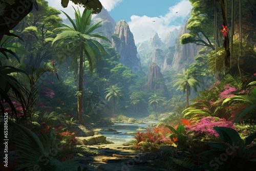 Jungle landscape with a river in the foreground. Generative AI.