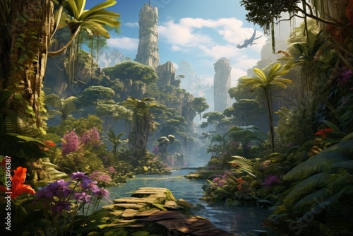 Fantasy landscape with a pond in the jungle. Generative AI.