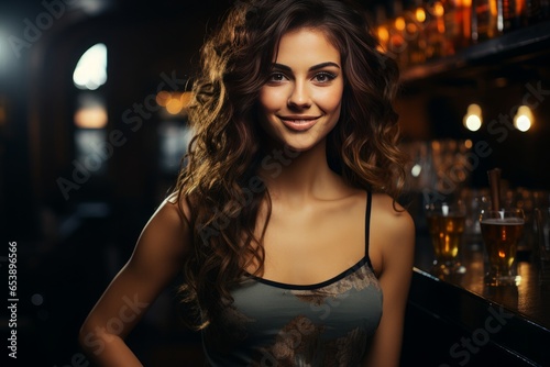 Portrait of a beautiful young woman sitting at the bar counter. Generative AI.