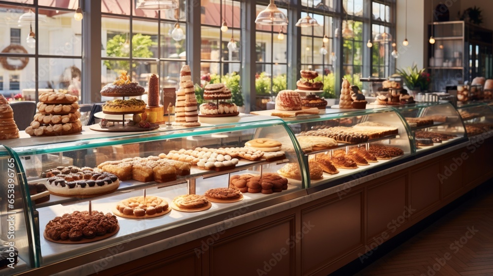 a contemporary bakery with delectable pastries and charming decor, enticing customers with the aroma of freshly baked goods