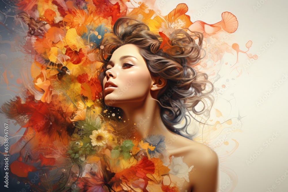 Portrait of beautiful young woman with long curly hair and colorful autumn leaves. Generative AI. Portrait of beautiful young woman with long curly hair and colorful autumn leaves. Generative AI.