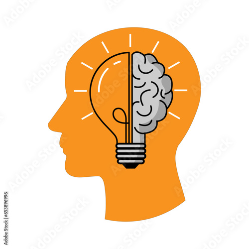 Creative idea logo with human brain head on background. idea thinking and light bulb. business achievement motivation. skill inspiration. learning and knowledge. vector illustration flat design.