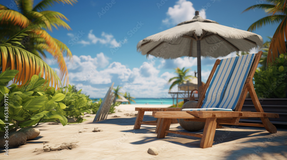 Tropical Beach Getaway: Relaxing Wooden Deckchairs and Parasol