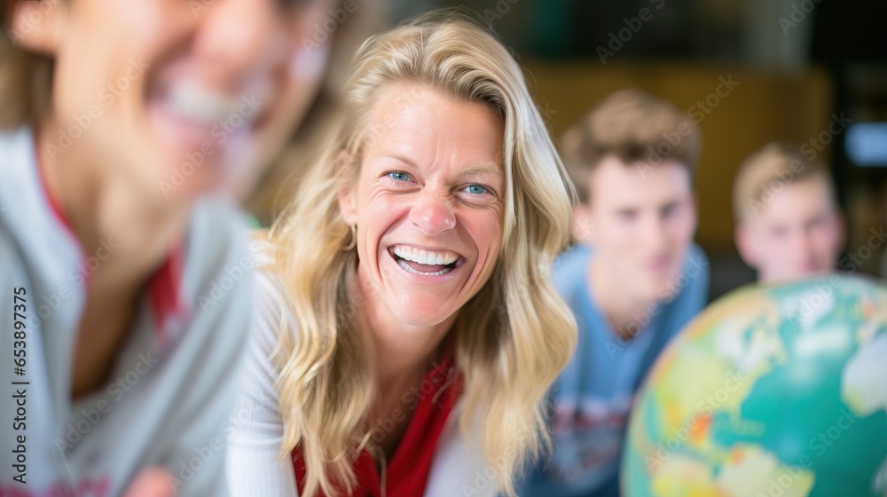 Inspiring female teacher interacts with her students, sparking their curiosity.