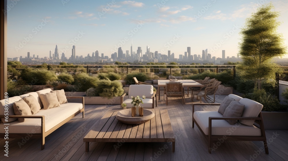 a contemporary rooftop terrace with designer furniture and panoramic views, offering an urban oasis above the city