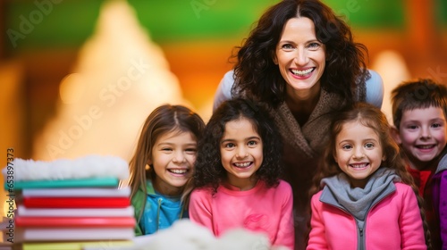 Inspiring female teacher interacts with her students, sparking their curiosity.