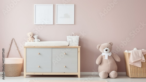 Cozy interior of children room in pastel light colors. Swaddling dresser, children's toys, cute pretty room for baby. 