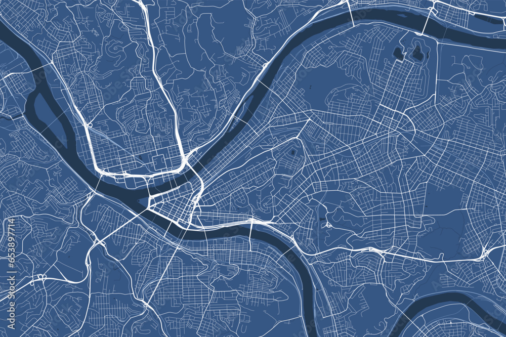 Blue Pittsburgh map, Pennsylvania, United States, detailed municipality map, skyline panorama. Decorative graphic tourist map of Pittsburgh territory. Vector illustration.