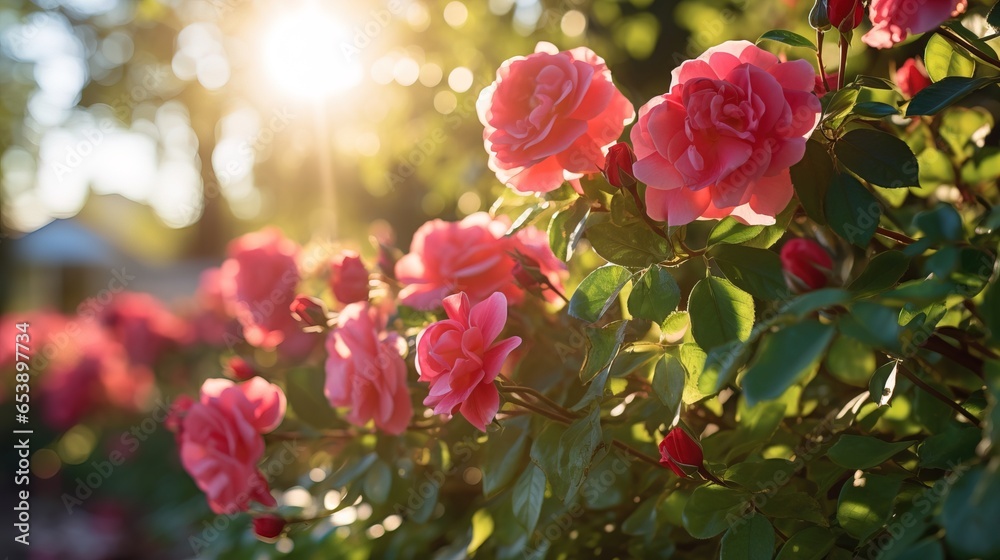 Obraz premium Magnificent view of pink roses under the soft morning sun.