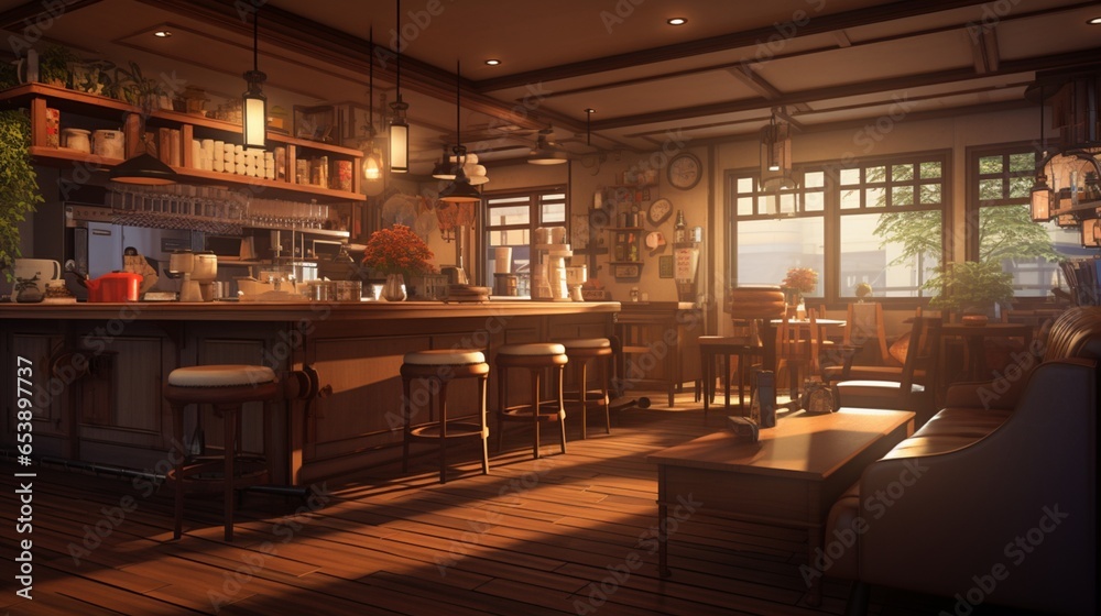 a cozy caf?(C) with warm wood textures and soothing color tones, inviting patrons to linger and savor their coffee