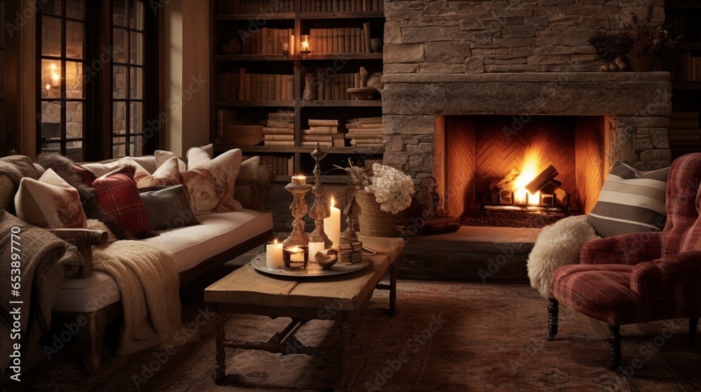 a cozy fireplace nook with rich, warm textiles and plush seating, perfect for chilly evenings and relaxation