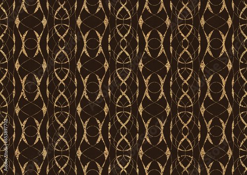 Hand-drawn unique abstract symmetrical seamless gold ornament on a dark brown background. Paper texture. Digital artwork, A4. (pattern: p10-3c)