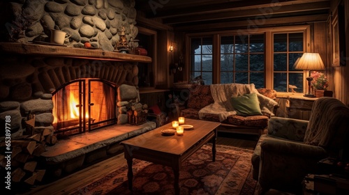 a cozy fireplace surrounded by rustic wooden furniture, evoking warmth and comfort in a cabin retreat