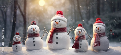 family snowman with scarf in snow forest greeting card xmas christmas